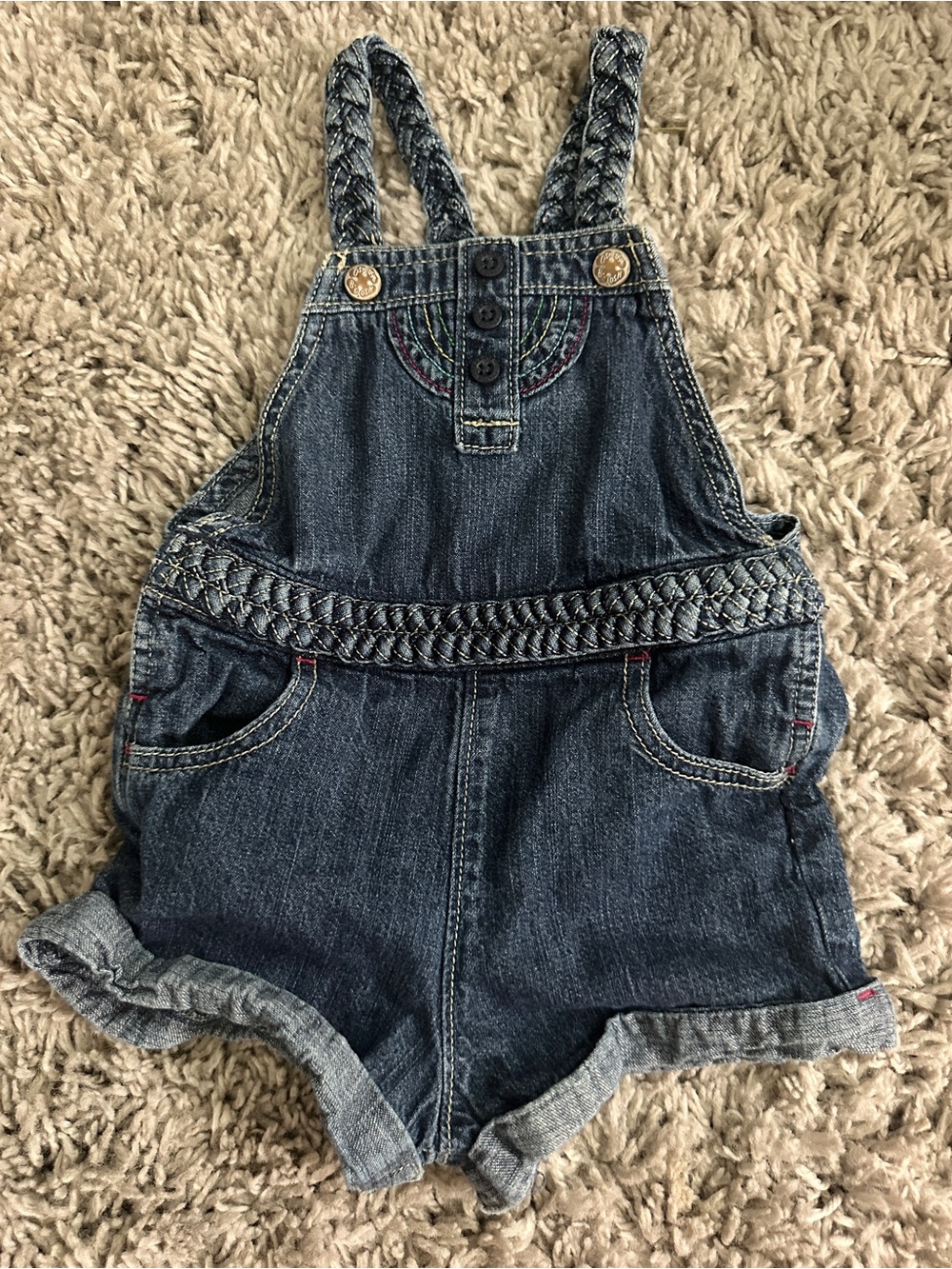 Vintage OshKosh Lee Girls Dark Denim Braided Strap Short Overalls